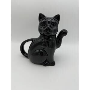 Vintage Albert Kessler Black Glossy Kitty Sitting Lucky Cat Small 7 Tall Teapot